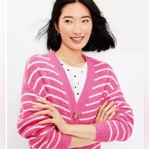 LOFT Striped Relaxed V-Neck Cardigan sweater pink & white preppy casual sz L